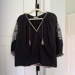 Ulla Johnson V Neck Black Tassel Linen Top Embroidered Long Sleeve